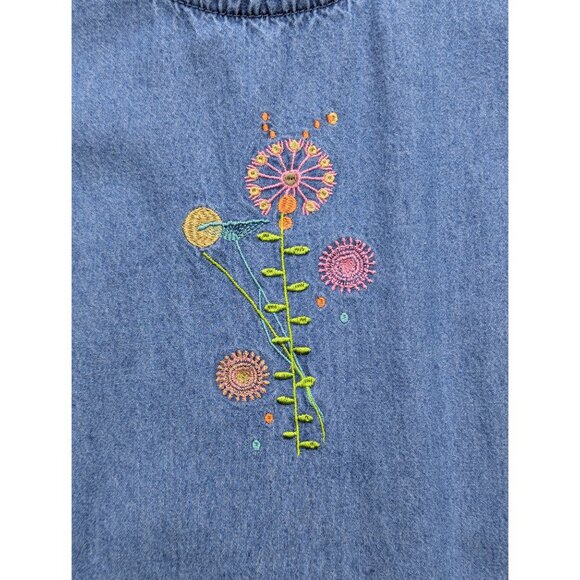 VTG Blair Denim Midi Dress Size M Floral Embroidered 90s Y2K Cottage Boho Blue - Picture 5 of 12